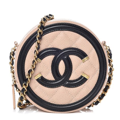 CHANEL Caviar Quilted Round Filigree Crossbody Beige Black 